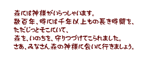 森には神様がいらっしゃいます。数百年、時には千年以上もの長き時間を、ただじっとそこにいて、森を、いのちを、守りつづけてこられました。さあ、みなさん森の神様に会いに行きましょう。